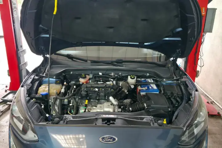Lift önünde kaputu açık Ford Focus, periyodik bakım sırasında